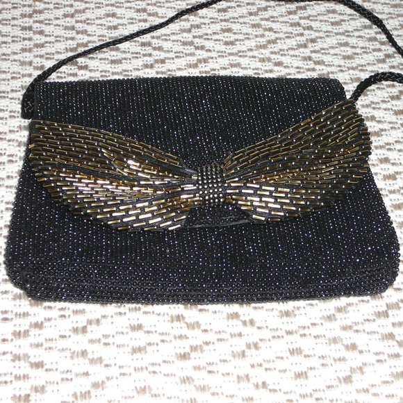Vintage Black Beaded Evening Bag Gold Bow Holiday - Picture 9 of 9